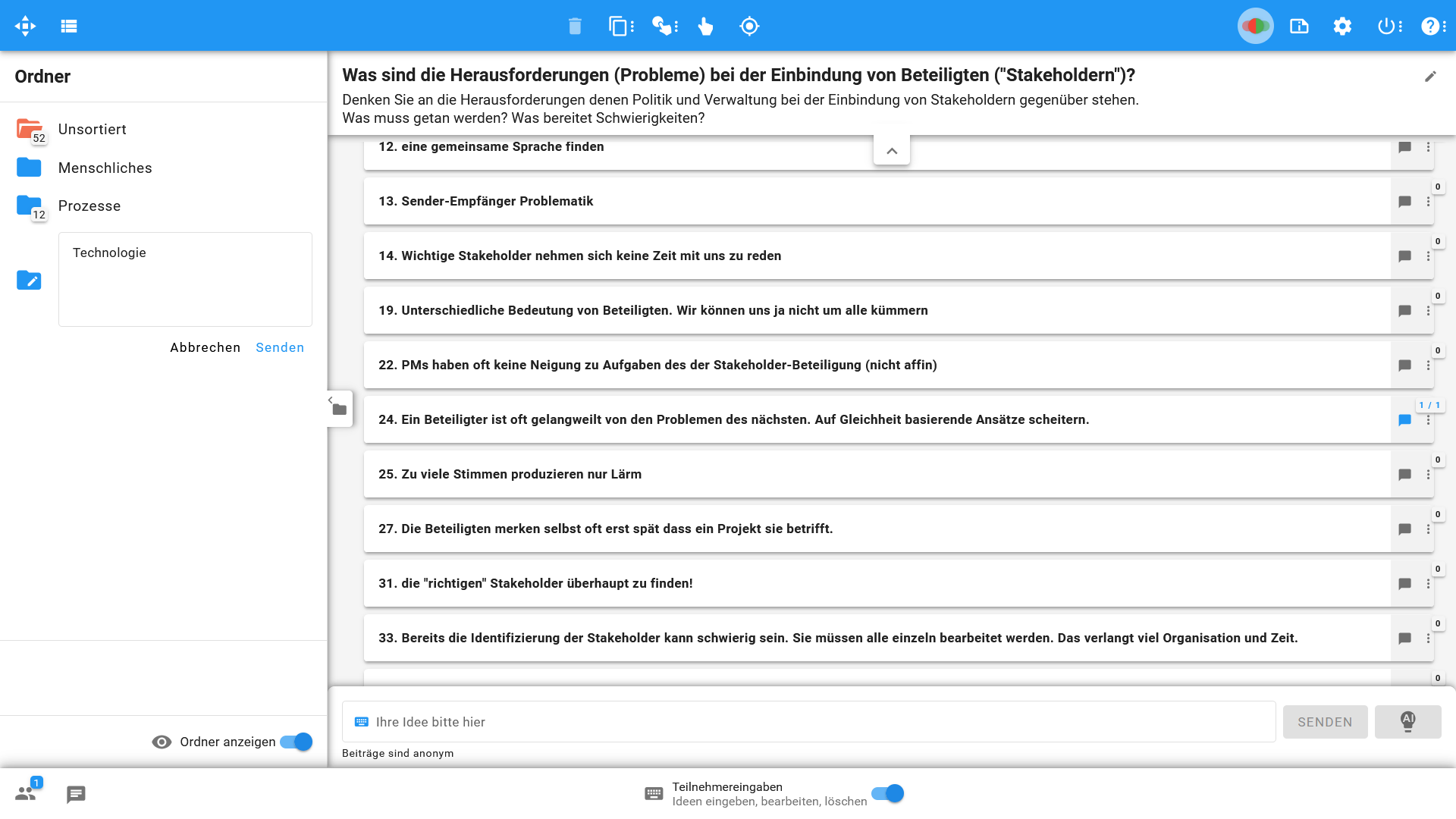 Moderator legt Ordner für die Kategorisierung an