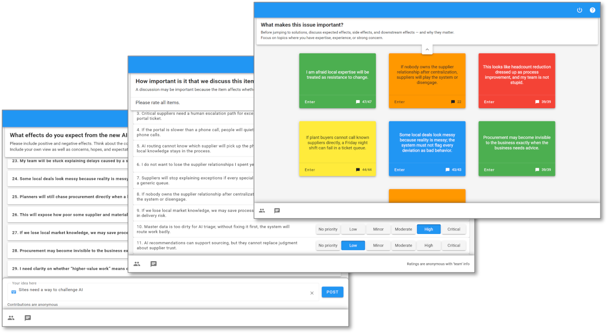 Composite view of XLeap workspaces used for change workshop input, prioritization, and discussion.
