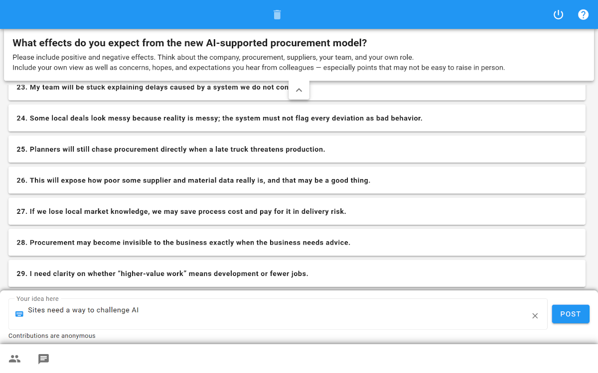 Screenshot of a XLeap Brainstorm Workspace with anonymous stakeholder contributions about an AI-supported procurement change.