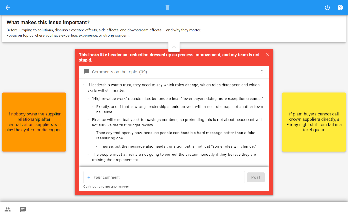 Screenshot of a XLeap Discussion Workspace showing multiple prioritized change topics with stakeholder comments organized in parallel discussion threads.