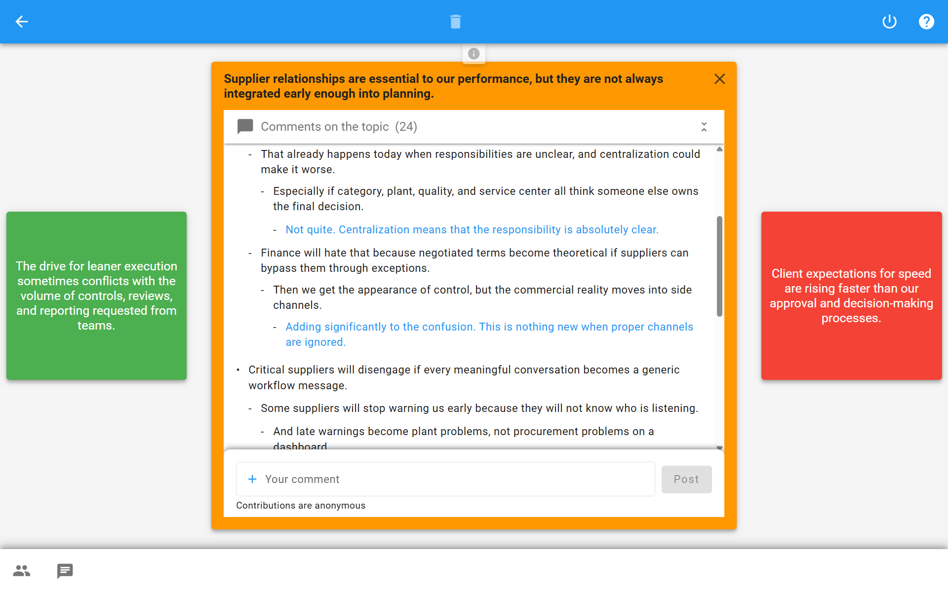 Discussion workspace thread with new unread comments highlighted among earlier contributions.