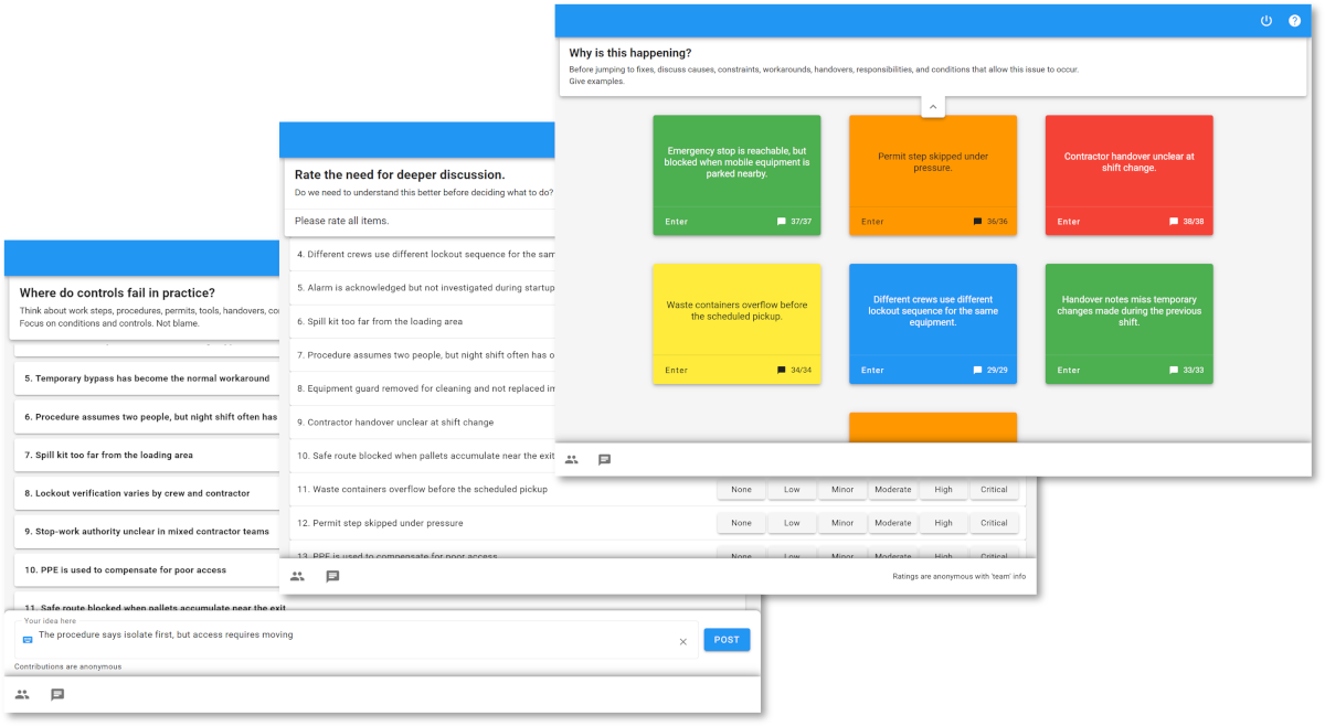 Composite screenshot of XLeap Brainstorm, Rating, and Discussion Workspaces used to collect control-gap observations, rate the need for deeper discussion, and discuss prioritized HSE issues.