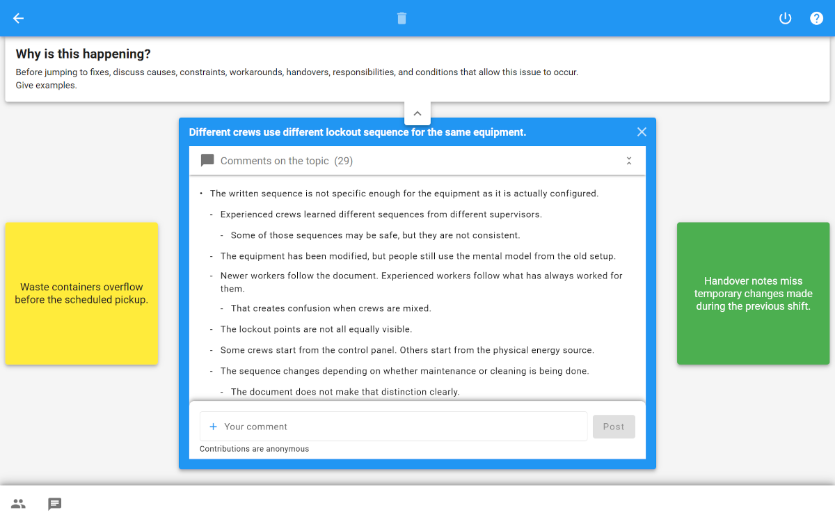 Screenshot of an XLeap Discussion Workspace showing an anonymous threaded discussion of why different crews use different lockout sequences for the same equipment.