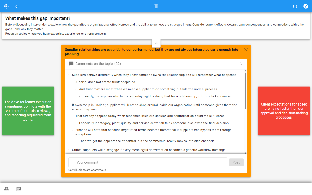 XLeap Discussion screenshot showing an open topic about supplier relationships, with instructions to examine why the gap matters before discussing interventions and anonymous comments listed below.