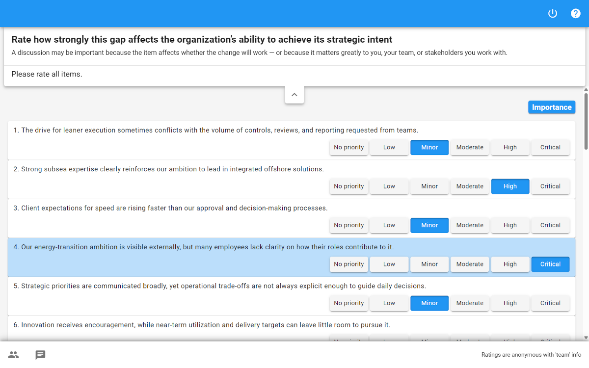 Screenshot of an XLeap Rating sheet asking participants to rate how strongly a capability gap affects the organization’s ability to achieve its strategic intent, using the criterion Importance.