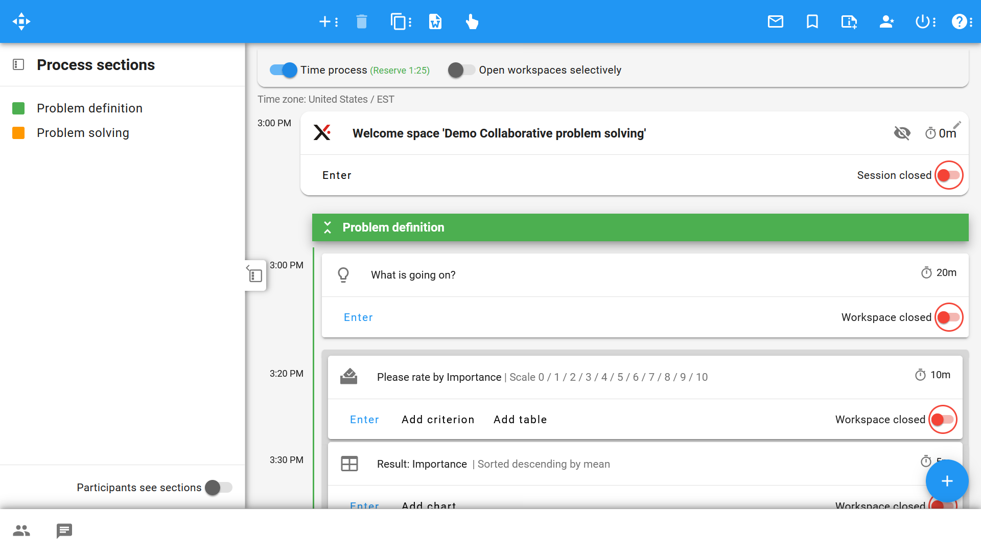 Process designer > Collaborative meeting process structured by sections