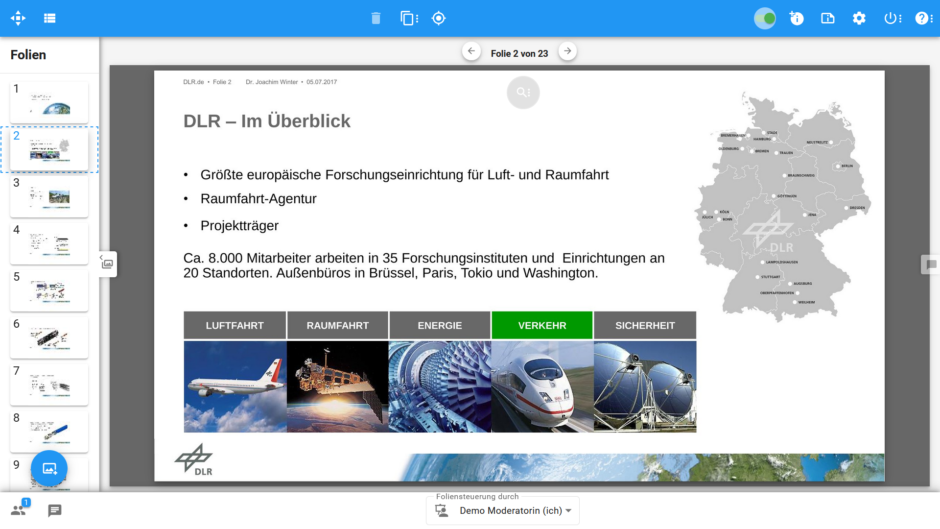 XLeap Folienpräsentation Sicht des Organisators mit 'Thumbnails'
