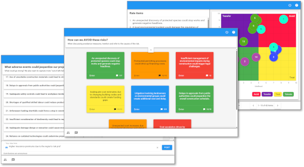 Screenshot of Brainstorm workspace enabling anonymous disclosure, Rating enabling risk assessment with heatmaps, Discussion enabling deep dives on risk mitigation