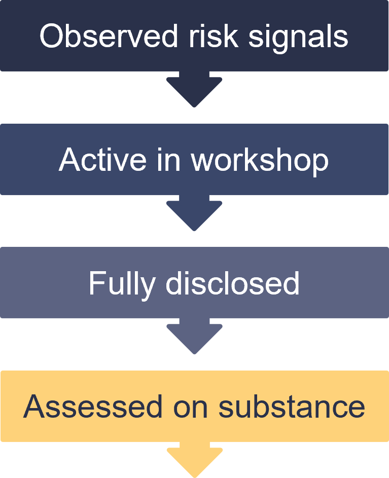 Process view: Observed risk signals to signals active in the workshop to signals fully disclosed to signals assessed on substance