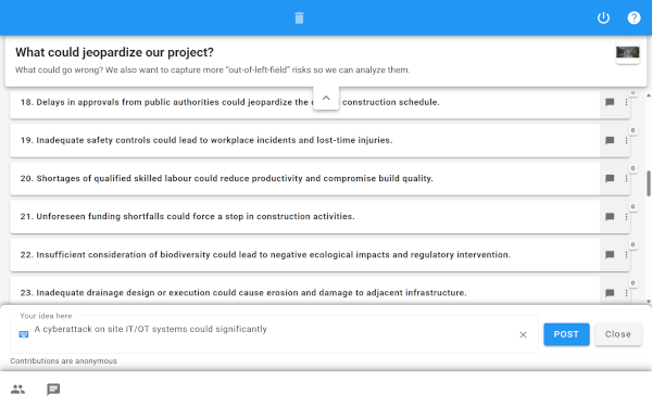Screenshot of an XLeap Brainstorm workspace collecting anonymous operational risk input.