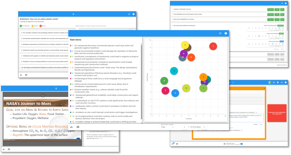 Collage of XLeap Brainstorm, Rating, Discussion, and Presentation workspaces.
