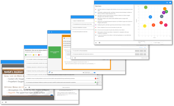 Collage of XLeap workspaces showing brainstorming, discussion, and rating views.