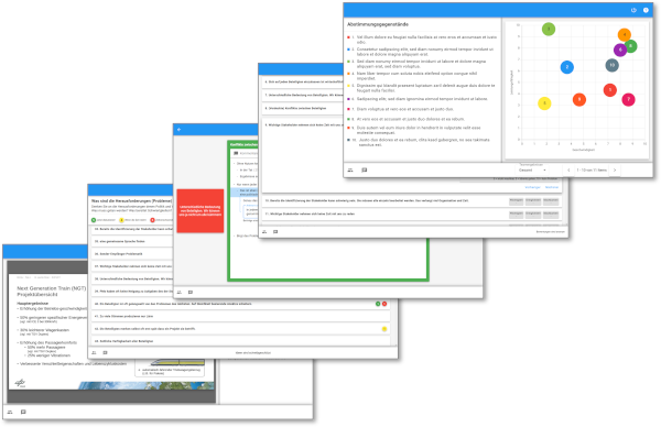 Kollage von Screenshots der XLeap-Arbeitsbereiche Brainstorm, Diskussion und Bewertung.