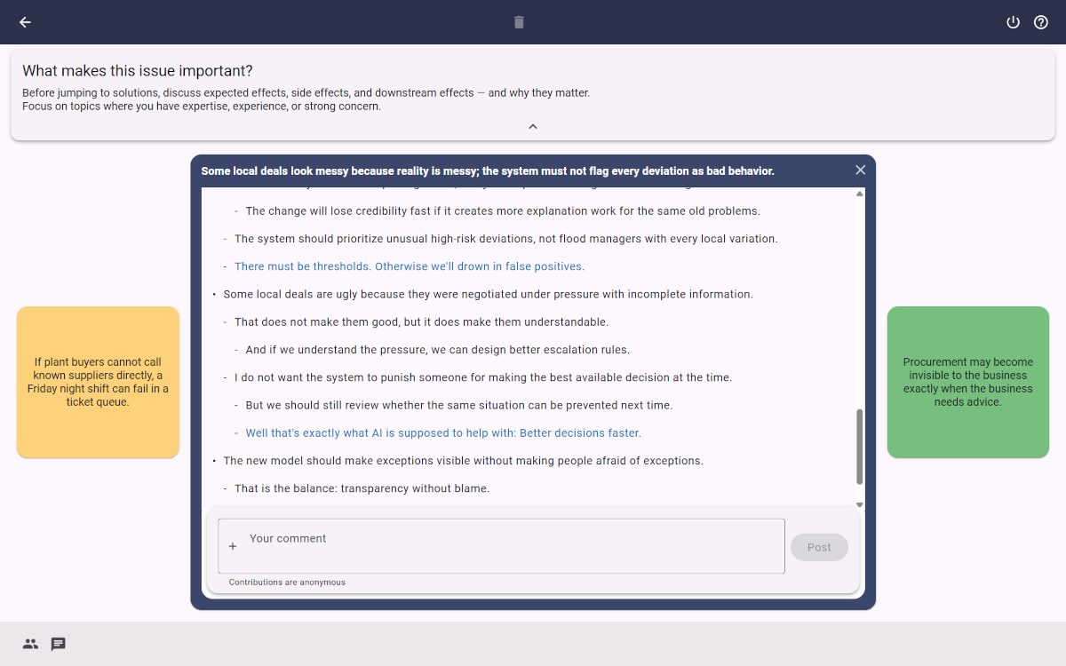 Discussion workspace thread with new unread comments highlighted among earlier contributions.