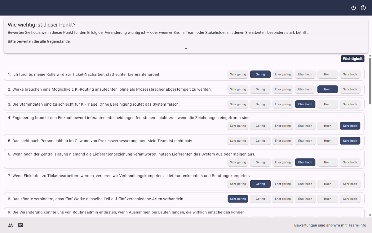 Screenshot eines XLeap-Bewertungsbogens zur anonymen Bewertung.