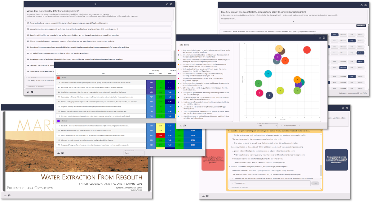 Collage of XLeap Brainstorm, Rating, Discussion, and Presentation workspaces.